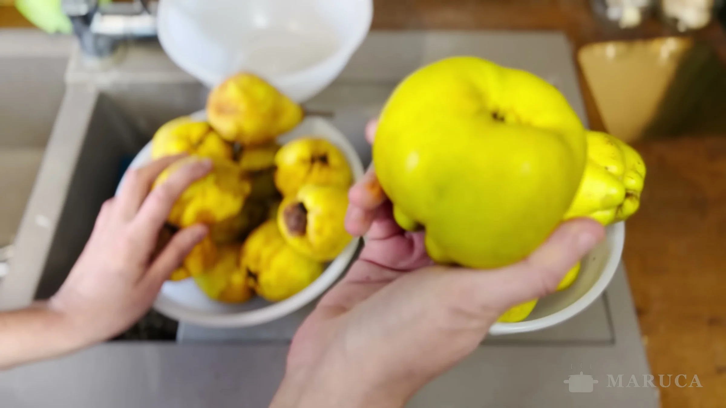 Dos variedades de membrillo: uno liso y brilloso y otros con pelusa en un bowl